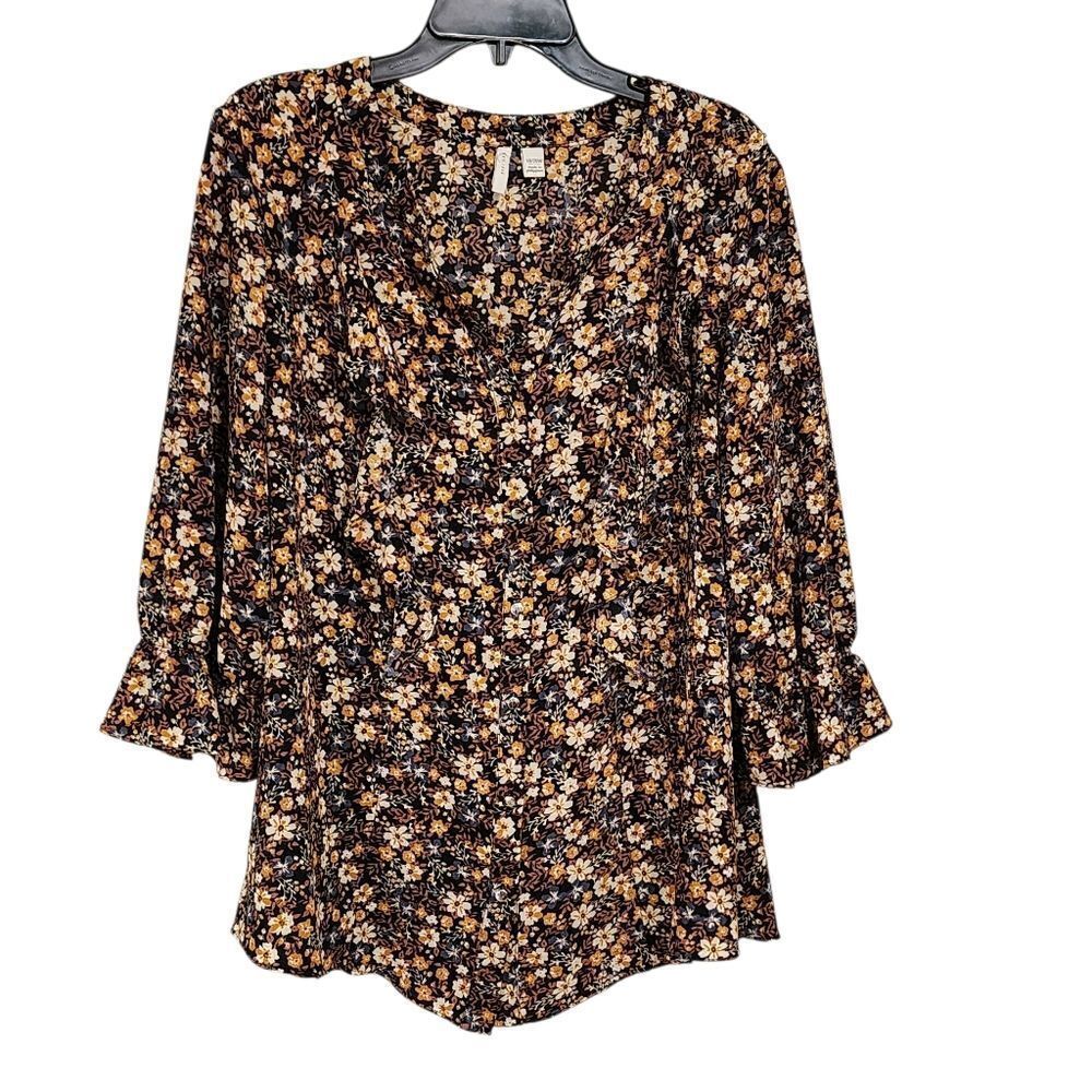 Cato Top 2X Dark Floral Ruffled Front 3/4 Sleeve Button Up Dressy Office Flowy